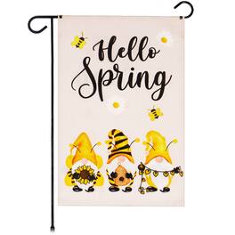 G128 - Garden Flag Hello Spring Three Bee Gnomes 12 x 18 in Burlap - Assorted Colors