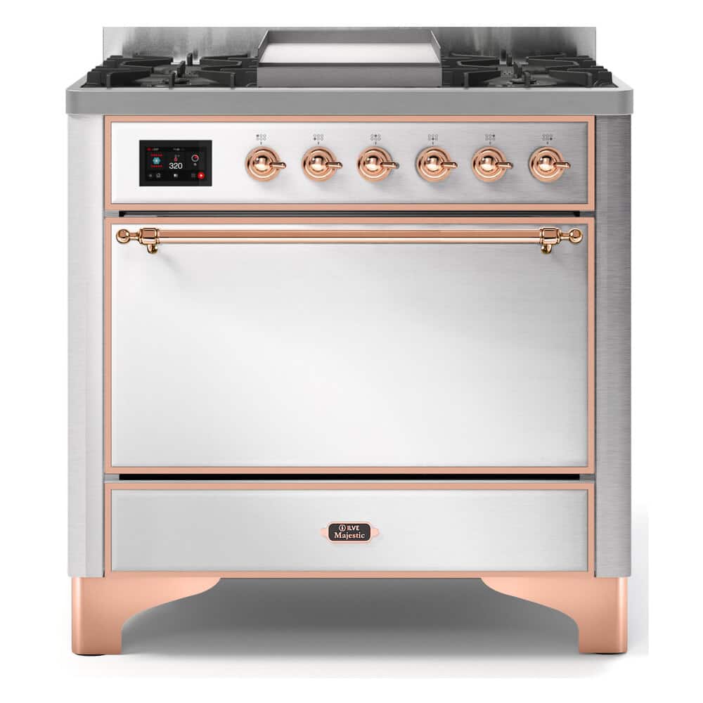ILVE - Majestic II Series  36 in. Dual Fuel Range with 6 Sealed Burners + Griddle (Natural Gas, Copper Trim) - Stainless Steel