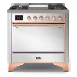 ILVE - Majestic II Series 36 in. Dual Fuel Range with 6 Sealed Burners + Griddle (Natural Gas, Copper Trim) - Stainless Steel