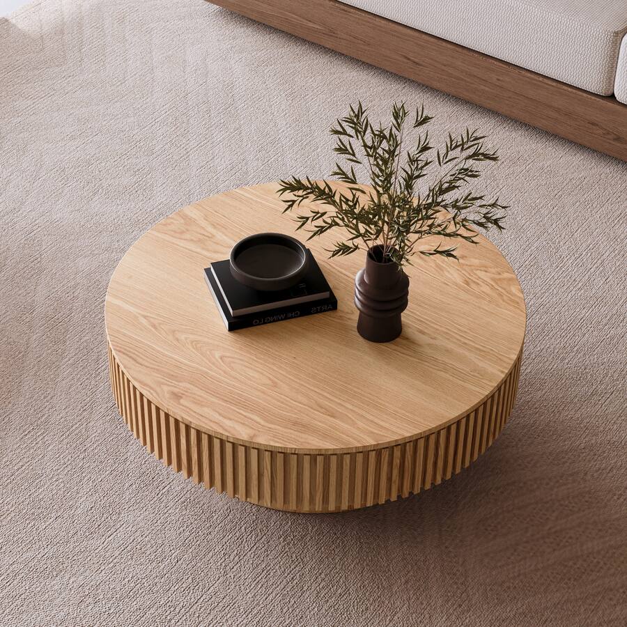 Loheer Round Coffee Table with Storage Solid Wood Veneer Modern Low ...