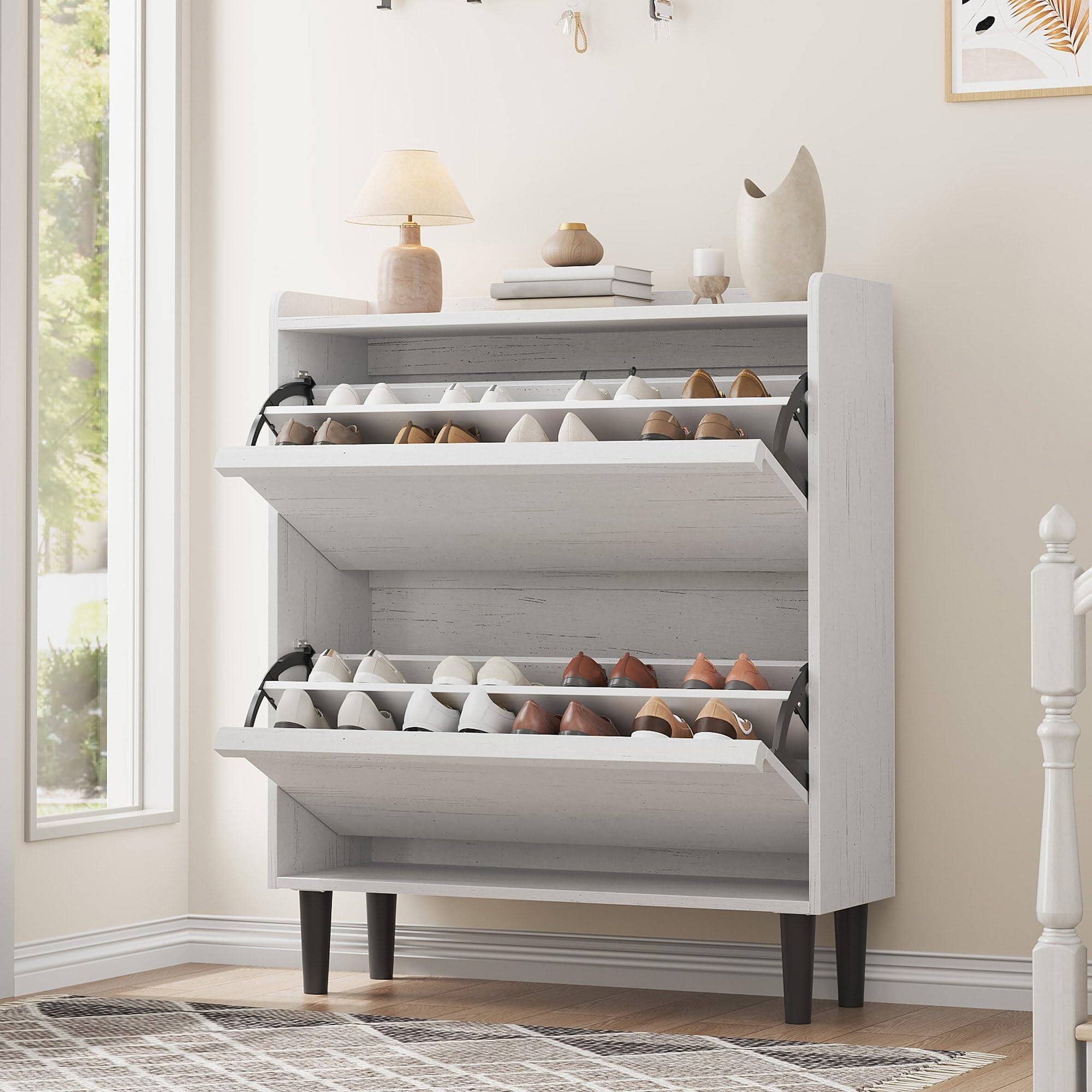 Jojoka - Wooden Shoe Cabinet with 2 Flip Drawers - Space-Saving Design, Adjustable and Removable Shelf, Ample Storage Space - White