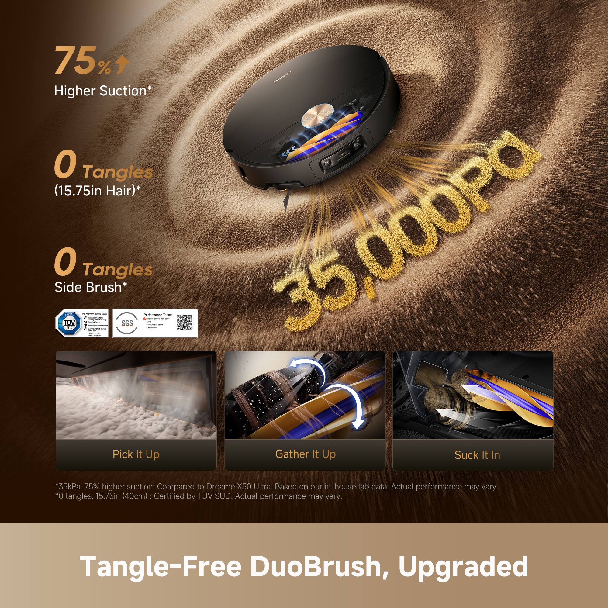 75% Higher Suction*  
0 Tangles (15.75in Hair)*  
0 Tangles Side Brush*  

35,000Pa  

Pick It Up  
Gather It Up  
Suck It In  

*35kPa, 75% higher suction: Compared to Dreame X50 Ultra. Based on our in-house lab data. Actual performance may vary.  
*0 tangles, 15.75in (40cm): Certified by TÜV SÜD. Actual performance may vary.  

Tangle-Free DuoBrush, Upgraded