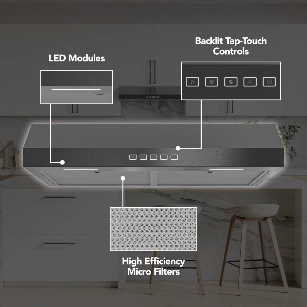 The image shows a kitchen with a sink and a faucet. The sink is equipped with an LED module and a backlit tap-touch control system. Additionally, there are two SESOS high efficiency micro filters installed in the kitchen. The image also includes a stool and a potted plant, adding to the overall aesthetic of the kitchen.