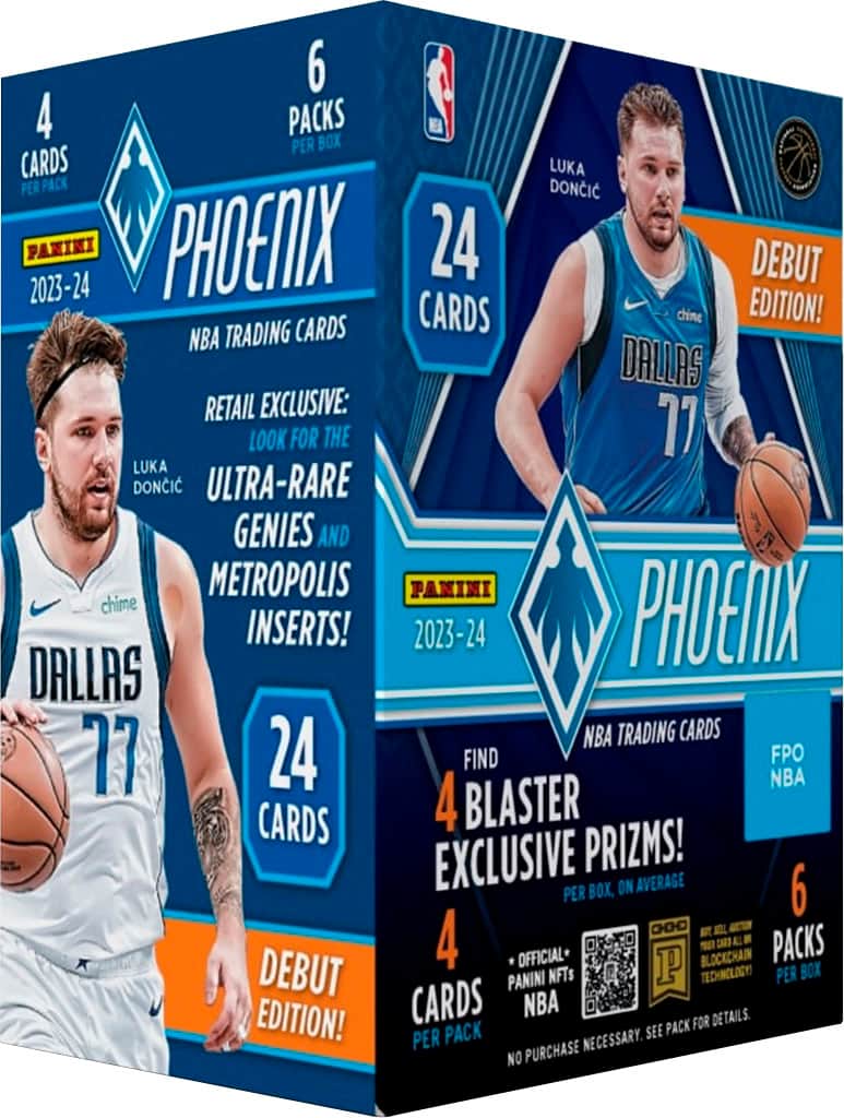 6 PACKS PER BOX CARDS LUKA PER PACK DONCIC PANINI PHOENIX 24 DEBUT 2023-24 EDITION! TRADING CARDS CARDS cine NBA DALLAS RETAIL EXCLUSIVE: LOOK FOR THE 17 LUKA DONCIC ULTRA-RARE GENIES AND METROPOLIS PANINI chime PHOENIX INSERTS! 2023-24 DALLAS NBA TRADING CARDS 77 24 FIND NBA FPO CARDS 4 BLASTER EXCLUSIVE PRIZMS! PER BOX, ON AVERAGE 6 C0 4 OFFICIAL P BLOCKCHAIN E PACKS DEBUT NFTs TECHNOLOGY PER BOX PANINI EDITION! CARDS NBA PACK FOR DETAILS. PER PACK NECESSARY. SEE NO PURCHASE REQUIRED.