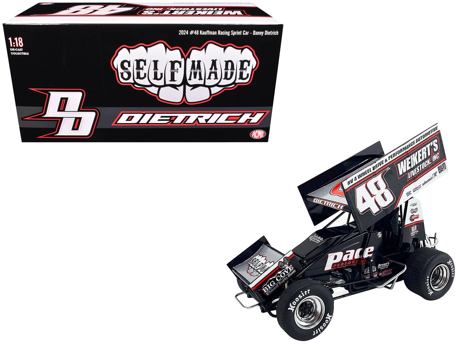 Sure, here is the corrected and grouped text from the image:

---

**Box:**

- 1:18 Die-Cast Collectible
- 2024 #48 Kaufman Racing Sprint Car - Danny Dietrich
- SELFMADE
- DIETRICH
- ACME
- WEIKERT'S PERFORMANCE AUTOMOTIVE & PERFORMANCE
- DRIVE LIVESTOCK, TOCK, BILO
- 4 WHEEL LIVES
- CR
- c 48
- DETRICH MR
- 4 e
- SELFA
- pace PERFORMANCE
- Froeer
- HooSIFG
- BIG COVE
- Hants
- 7M
- BIG WhiteTopby Moosier
- Moosier
- Moosier

**Car:**

- 48
- SELFMADE
- DIETRICH
- ACME
- WEIKERT'S PERFORMANCE AUTOMOTIVE & PERFORMANCE
- DRIVE LIVESTOCK, TOCK, BILO
- 4 WHEEL LIVES
- CR
- c 48
- DETRICH MR
- 4 e
- SELFA
- pace PERFORMANCE
