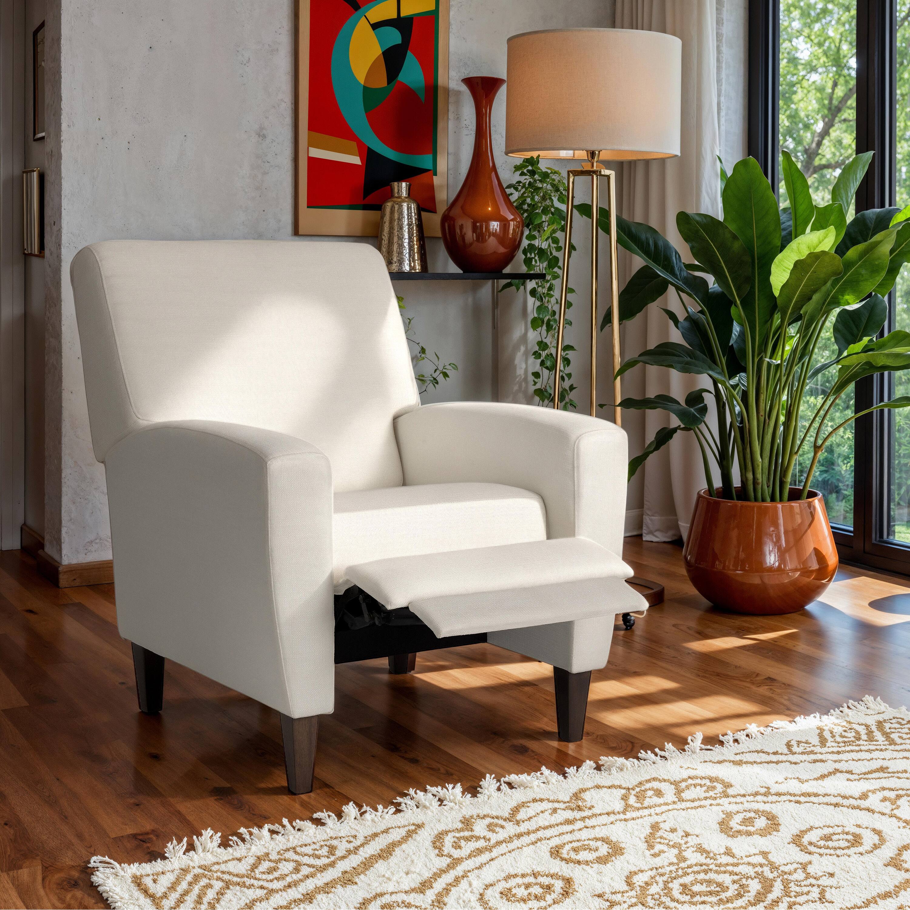 Alt View 1. CorLiving - Wells Basketweave Fabric Upholstered Indoor Pushback Recliner with Wood Legs - Off White.