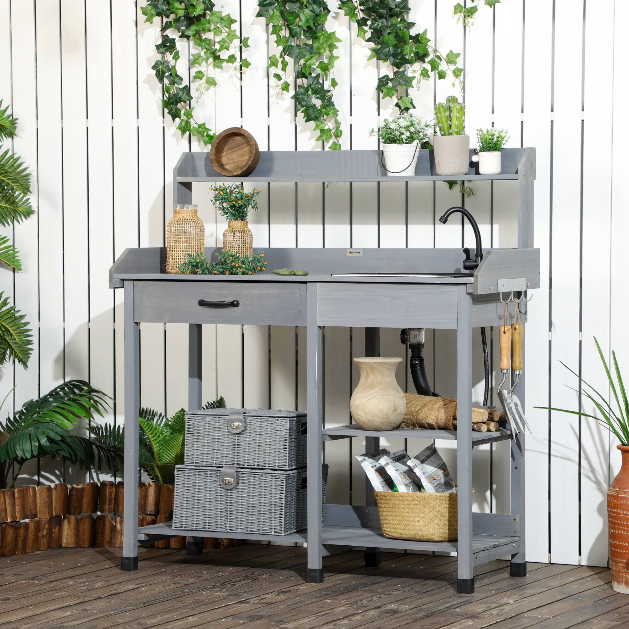 Alt View 1. Outsunny - Potting Bench Table, Outdoor Garden Table Wooden Work Station with Removable Sink, Faucet, Drawer, Shelves, Hooks - Gray.