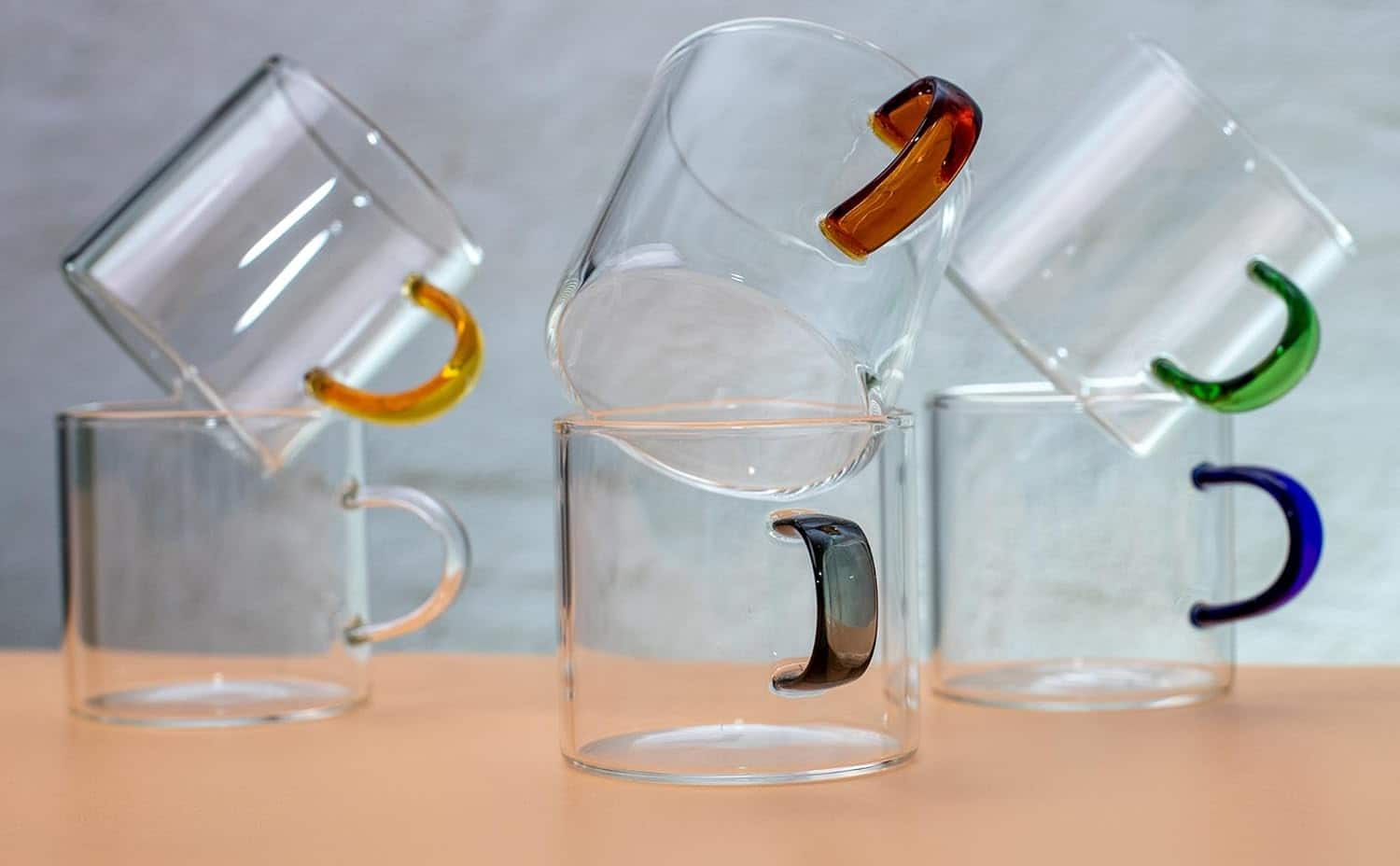 Bacimi - Clear Espresso Cups with Colorful Handles - Set of 6 / 4oz / 120ML - Borosilicate Glass Mugs - Clear/Multicolor