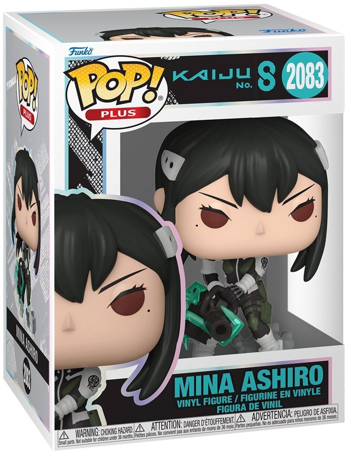 Sure, here is the corrected and grouped text from the image:

---

**Funko POP! PLUS**

**KAIJU S 2083**

**MINA ASHIRO**

**VINYL FIGURE / FIGURINE EN VINYLE / FIGURA DE VINIL**

**WARNING: CHOKING HAZARD. Small parts. Not suitable for children under 36 months.**

**ATTENTION: DANGER D'ÉTOUFFEMENT. Petites pièces. Ne convient pas aux enfants de moins de 36 mois.**

**ADVERTENCIA: PEOR DE ASFIXIA. Partes pequeñas. No es adecuado para niños menores de 36 meses.**

---

This text is organized to reflect the information on the packaging, including the brand, series, character name, and safety warnings.