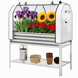 RYHNUYNE - Raised Garden Bed with Greenhouse Cover, 44 Gal Elevated Planter Box, Galvanized Metal Frame, Outdoor Use - Silver