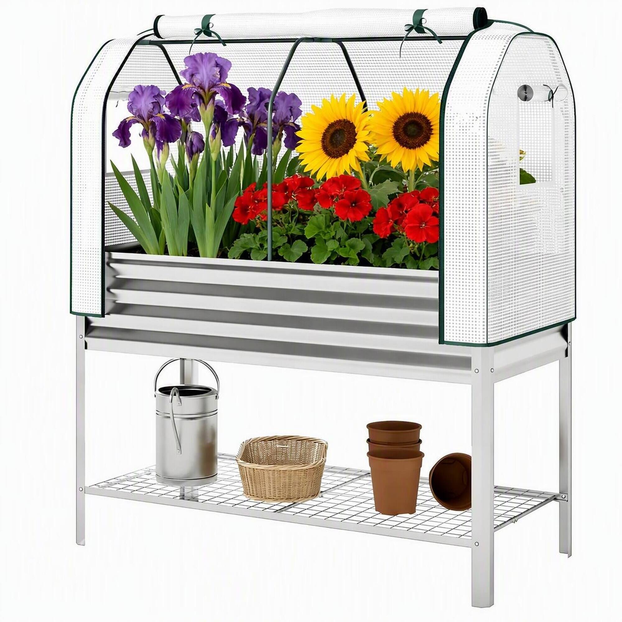 Front. RYHNUYNE - Raised Garden Bed with Greenhouse Cover, 44 Gal Elevated Planter Box, Galvanized Metal Frame, Silver, Outdoor Use - Silver.