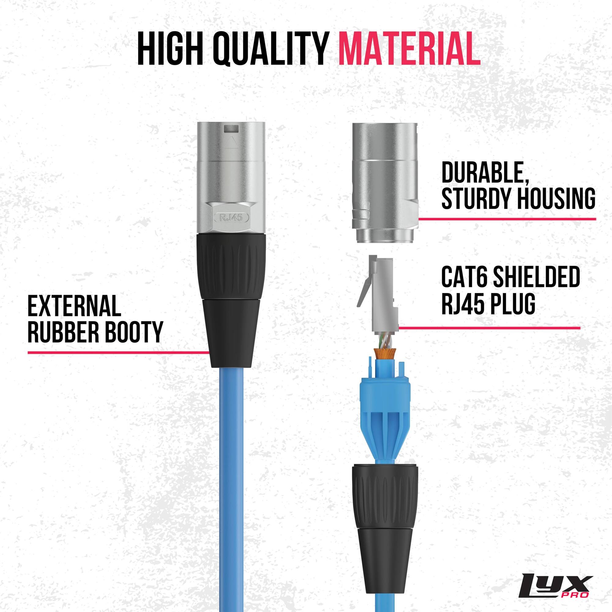 HIGH QUALITY MATERIAL
DURABLE, STURDY HOUSING
EXTERNAL RUBBER BOOTY
CAT6 SHIELDED RJ45 PLUG
LYX PRO
