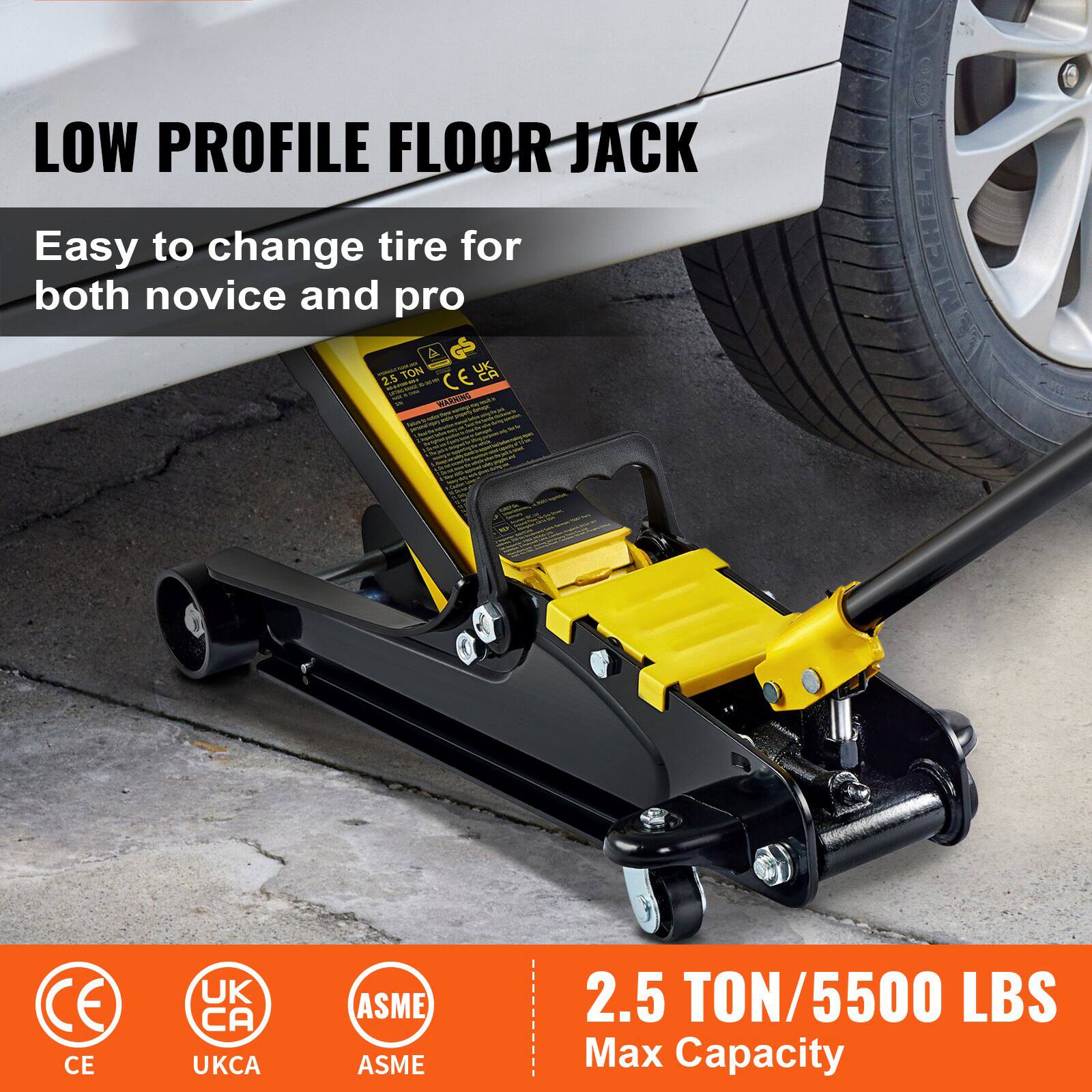 LOW PROFILE FLOOR JACK

Easy to change tire for both novice and pro

2.5 TON/5500 LBS Max Capacity

CE UKCA ASME