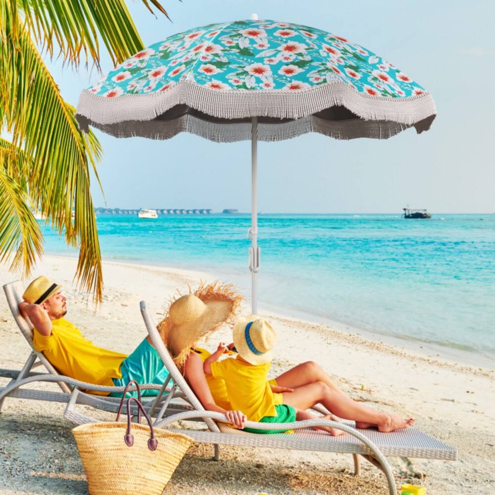 Angle. Mondawe - 6.5 FT Beach Umbrella with Fringe Outdoor Tassel Umbrella with Push Button Tilt - Green.