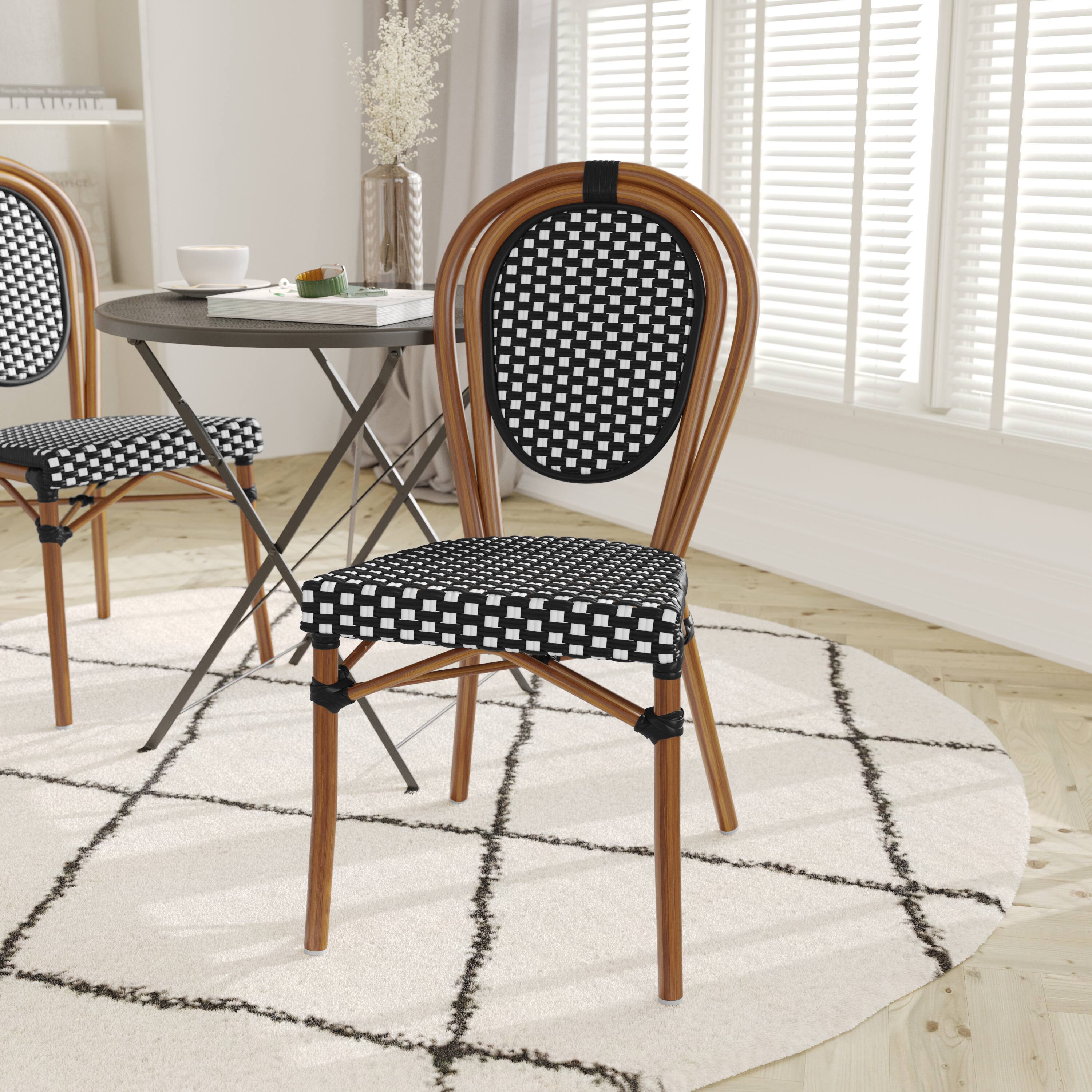 Alt View 1. Emma + Oliver - Colmar Indoor/Outdoor Stacking Thonet Bistro Style Chair with PE Rattan Seat and Metal Frame - Black & White/Natural Frame.