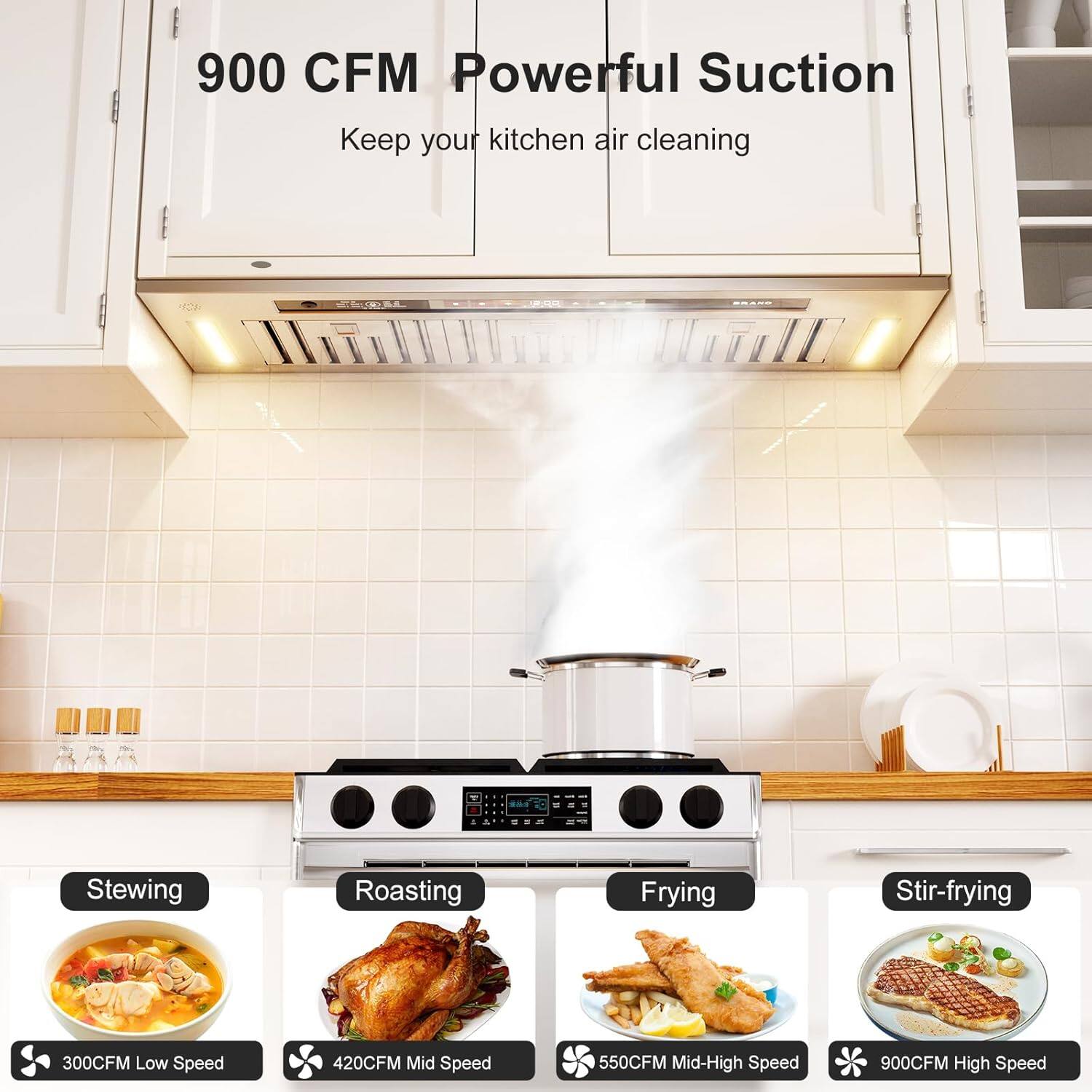 900 CFM Powerful Suction  
Keep your kitchen air cleaning  

Stewing  
300CFM Low Speed  

Roasting  
420CFM Mid Speed  

Frying  
550CFM Mid-High Speed  

Stir-frying  
900CFM High Speed