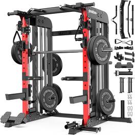 Pooboo - Heavy Duty 2000lb Power Rack Smith Machine System with Dual Cable Pulley&230 lb Weight Stack - Black