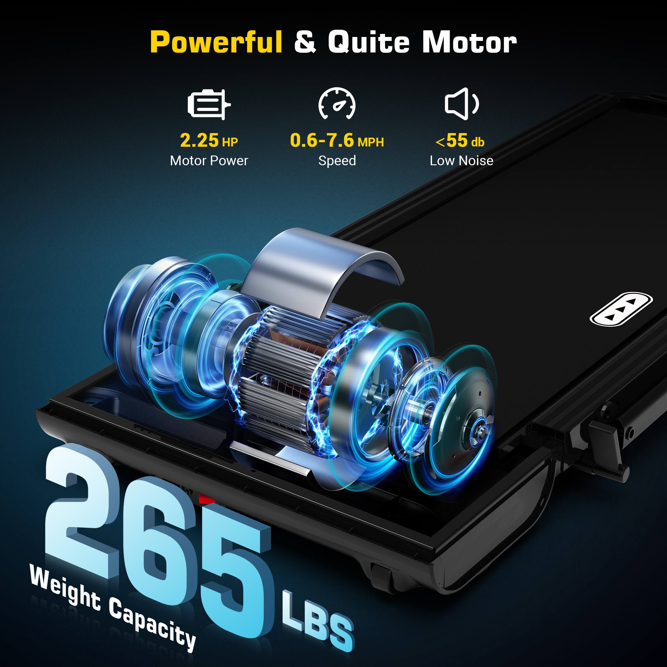 Powerful & Quite Motor
2.25 HP Motor Power
0.6-7.6 MPH Speed
<55 db Low Noise
265 Weight Capacity LBS