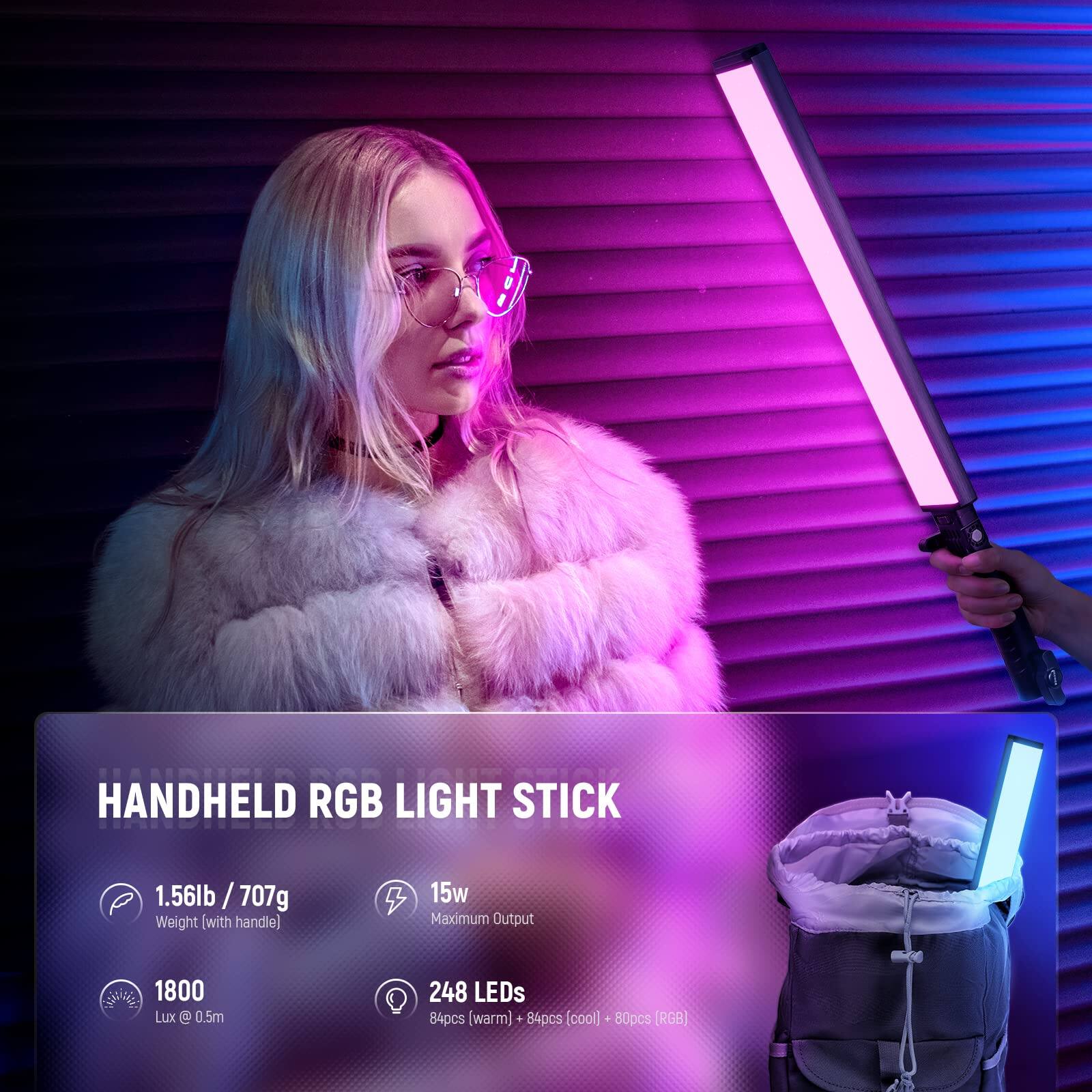 HANDHELD RGB LIGHT STICK

1.56lb / 707g Weight (with handle)

15w Maximum Output

1800 Lux @ 0.5m

248 LEDs

84pcs (warm) + 84pcs (cool) + 80pcs (RGB)
