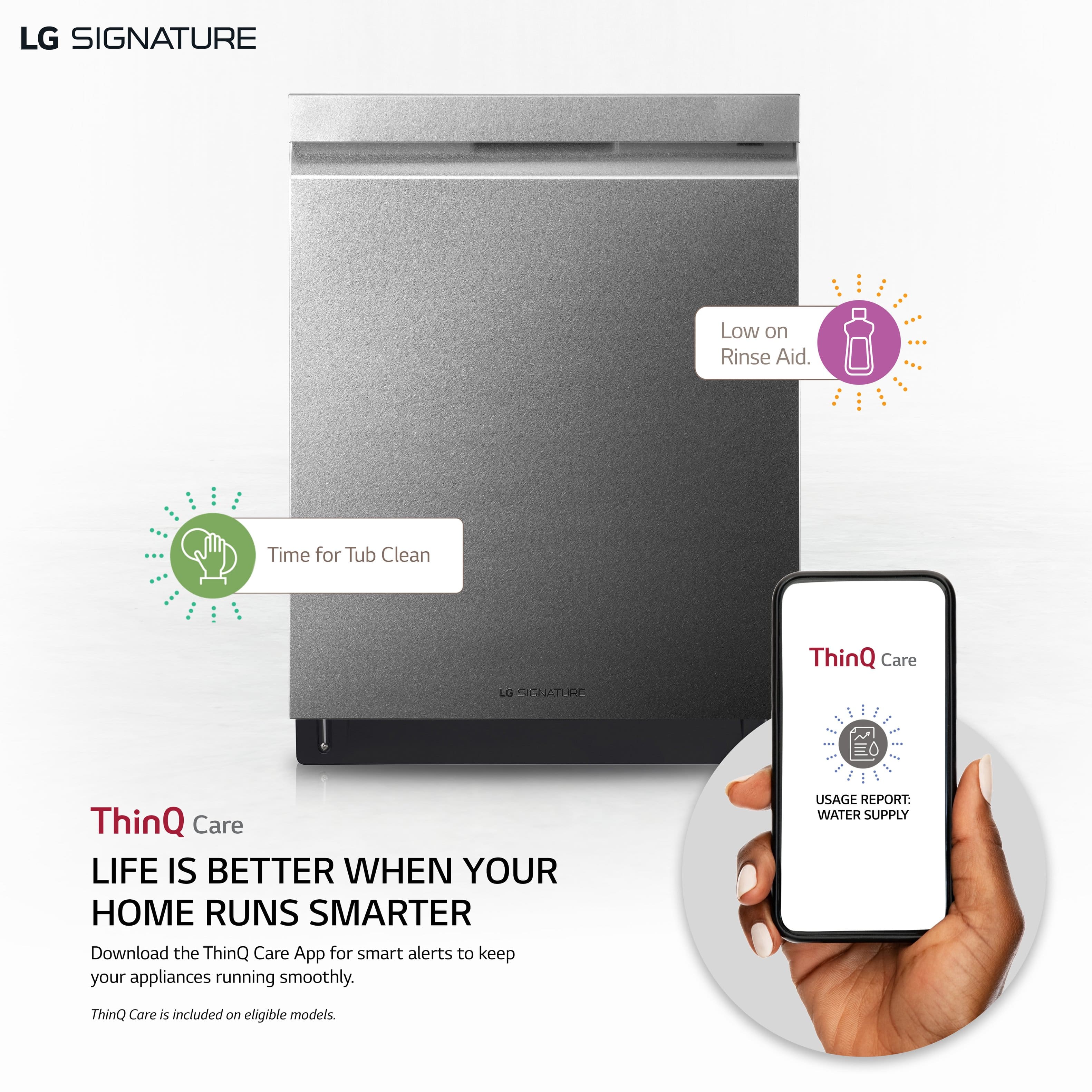 LG SIGNATURE Low on Rinse Aid. Time for Tub Clean ThinQ Care LG Cha ThinQ Care LIFE IS BETTER WHEN YOUR HOME RUNS SMARTER. Download the ThinQ Care App for smart alerts to keep your appliances running smoothly. USAGE REPORT: WATER SUPPLY ThinQ Care is included on eligible models.