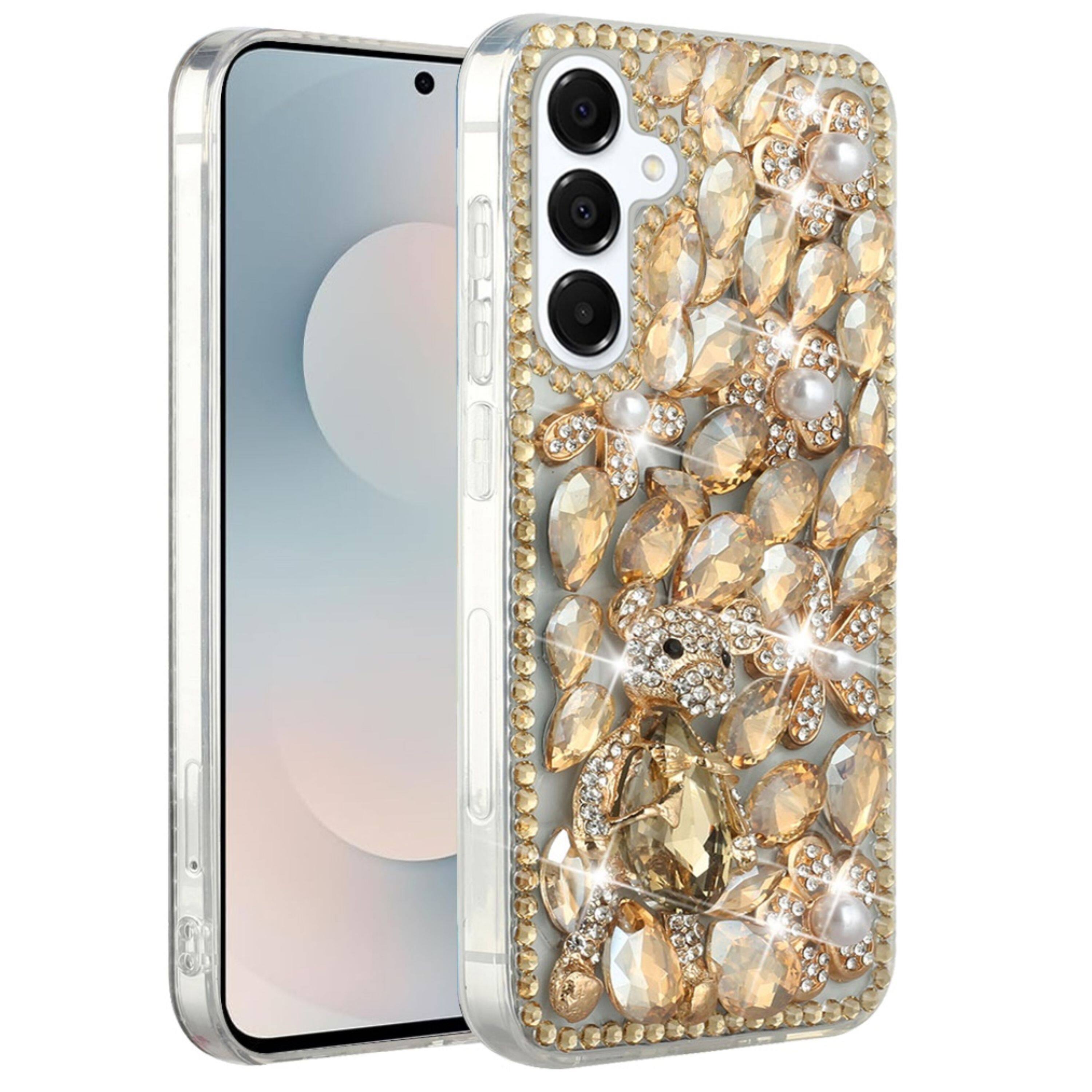 Angle. Kitcheniva - Full Diamond Bling 3D Jewel Ornaments Plus Tempered Glass For Samsung S25 FE Gold Panda Floral - Multicolor.