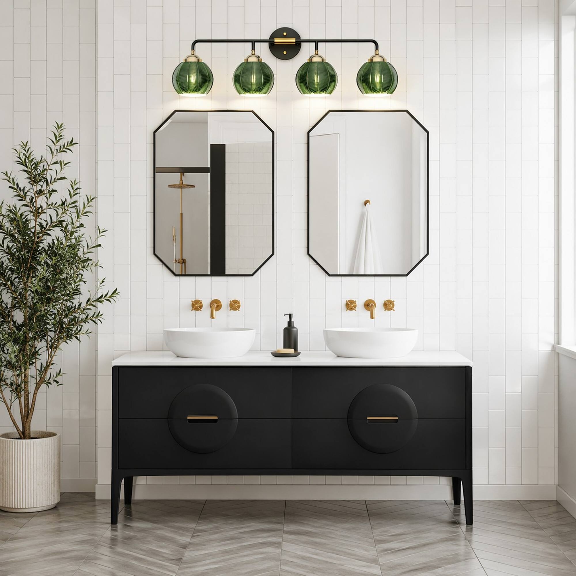 Angle. RYHNUYNE - 4-Light Black and Gold Vanity Light with Clear Glass Shades for Bathroom, Bedroom, Kitchen, and Dining Room.