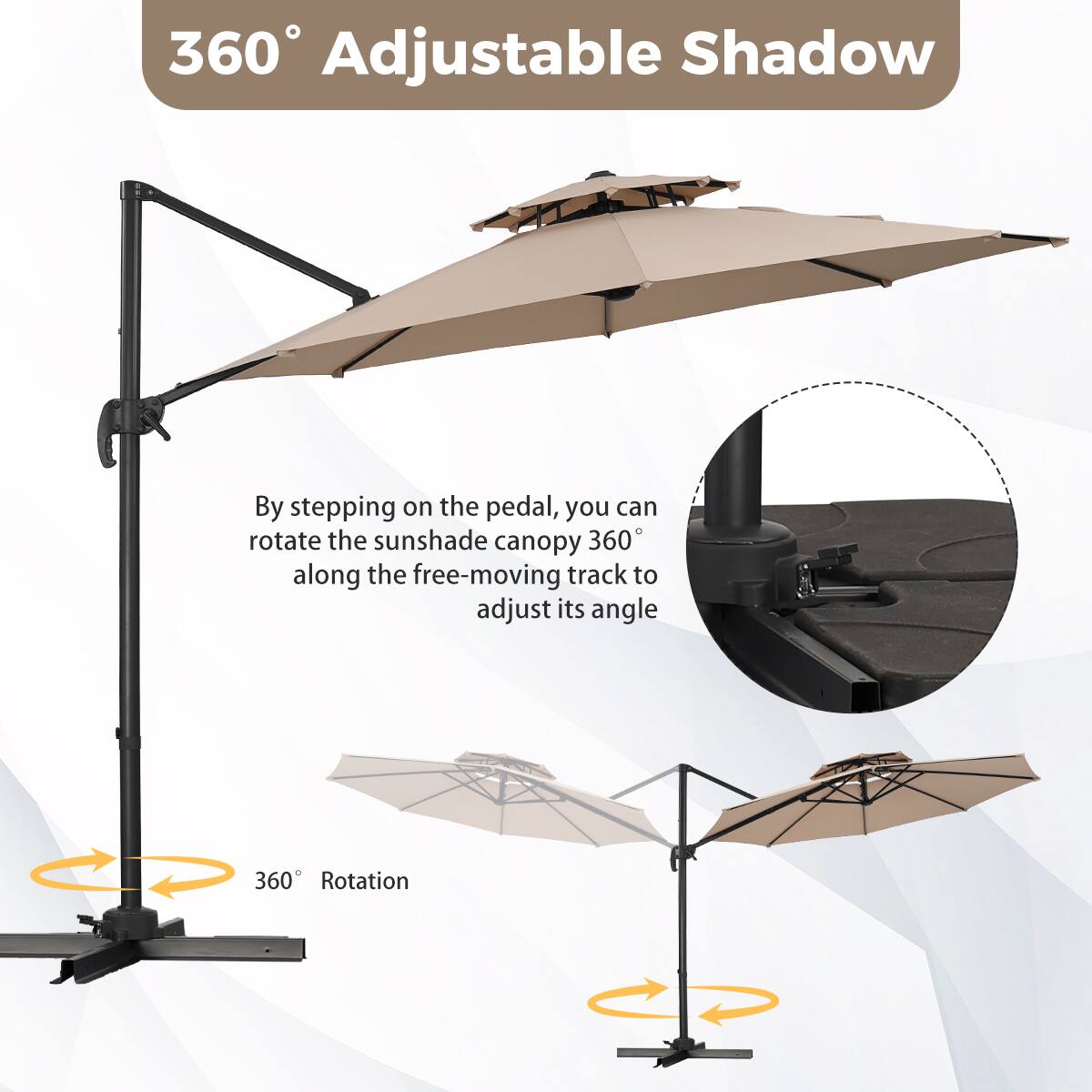 360° Adjustable Shadow

By stepping on the pedal, you can rotate the sunshade canopy 360° along the free-moving track to adjust its angle

360° Rotation