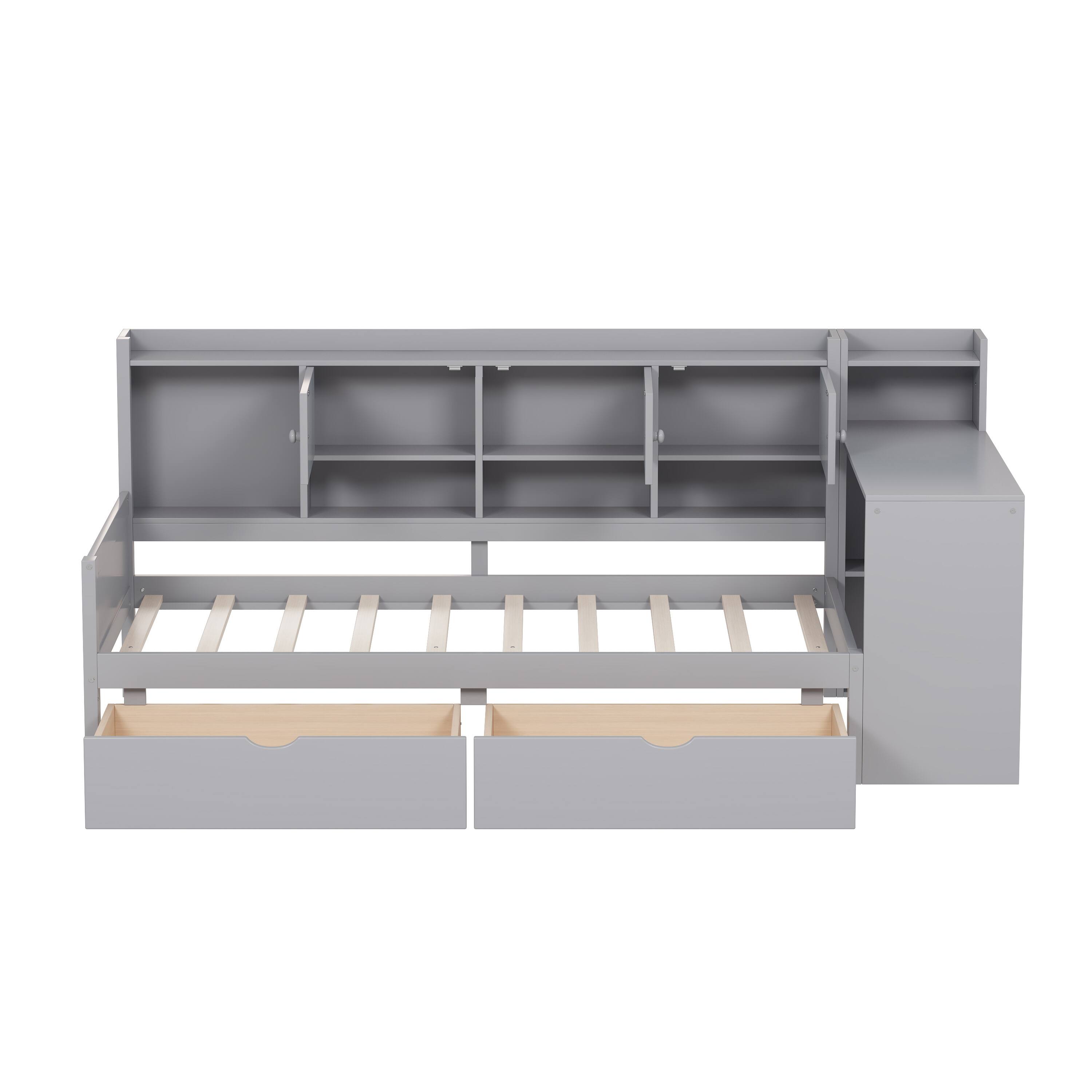Alt View 8. Tiramisubest - Twin Size Daybed with Storage 3 Cabinets and 2 Drawers, Daybed Frame with Study Desk and Built-in Bookshelf,Gray - Gray.