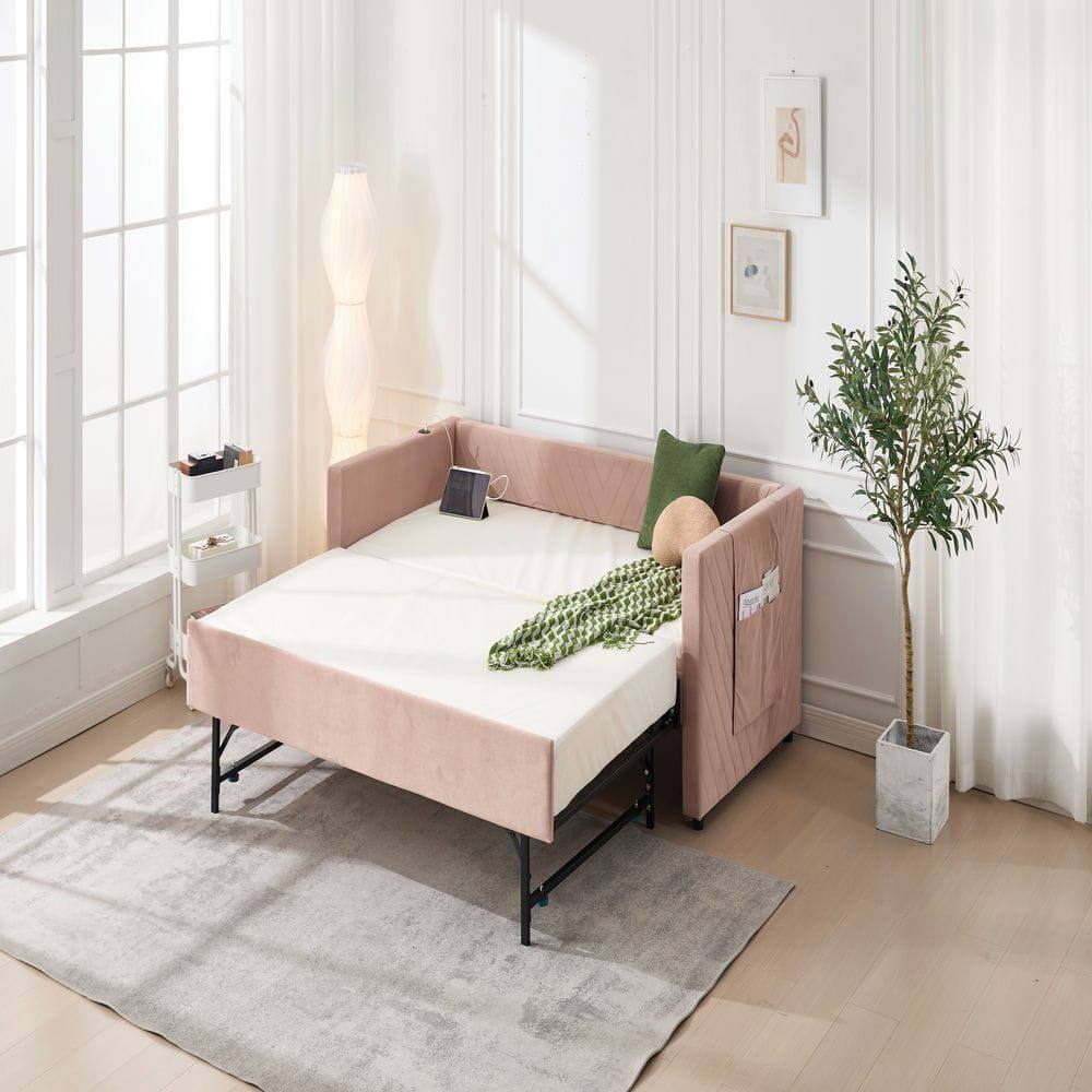 Alt View 1. Kadyn - Twin Upholstered Daybed with Trundle, USB Port & Side Pockets, Modern V-Grain Backrest, No Box Spring - Pink.