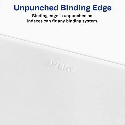 Unpunched Binding Edge  
Binding edge is unpunched so indexes can fit any binding system.  
AVERY