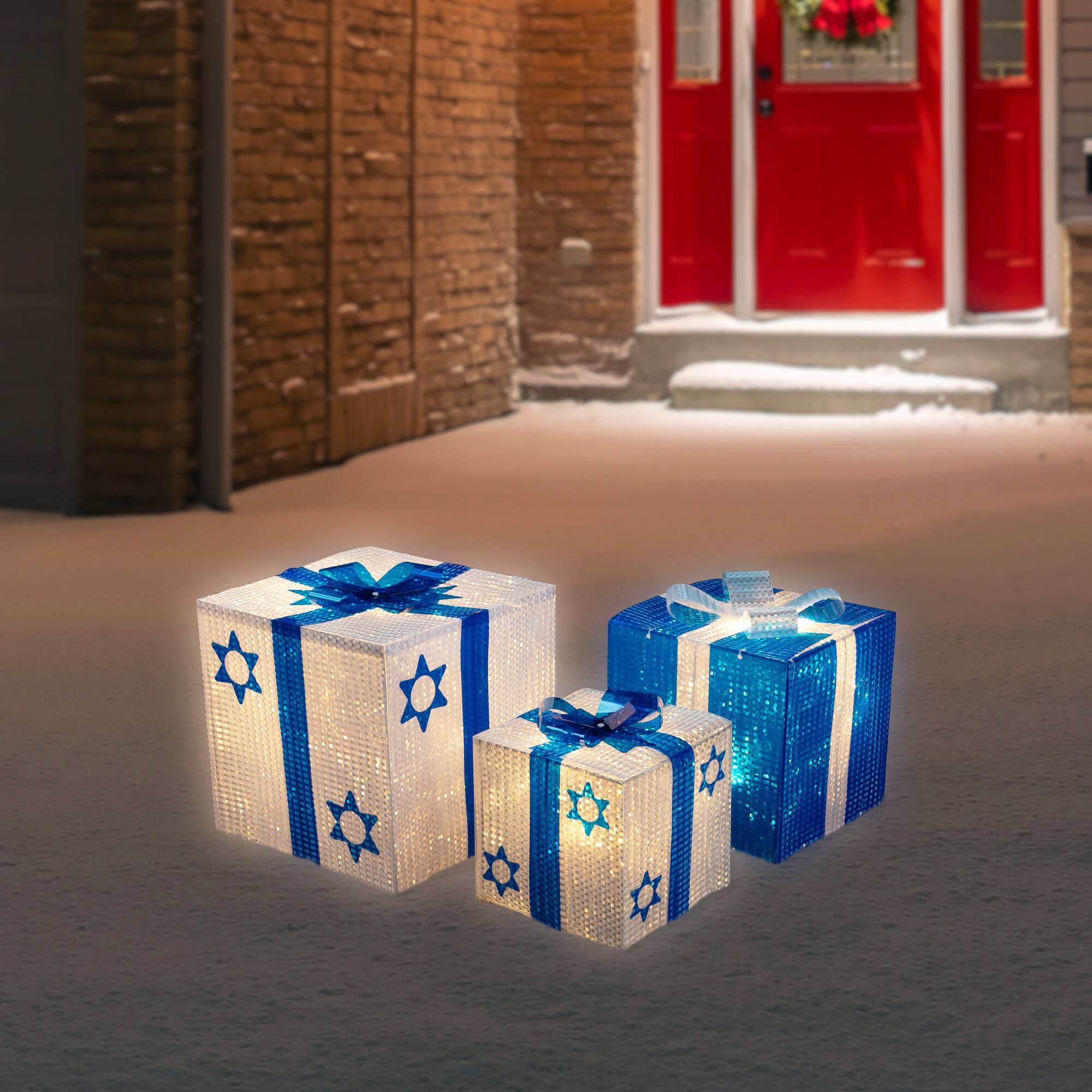 Front. Northlight - 3pc White and Blue Shimmering Lighted Hanukkah Gift Box 12" - White.