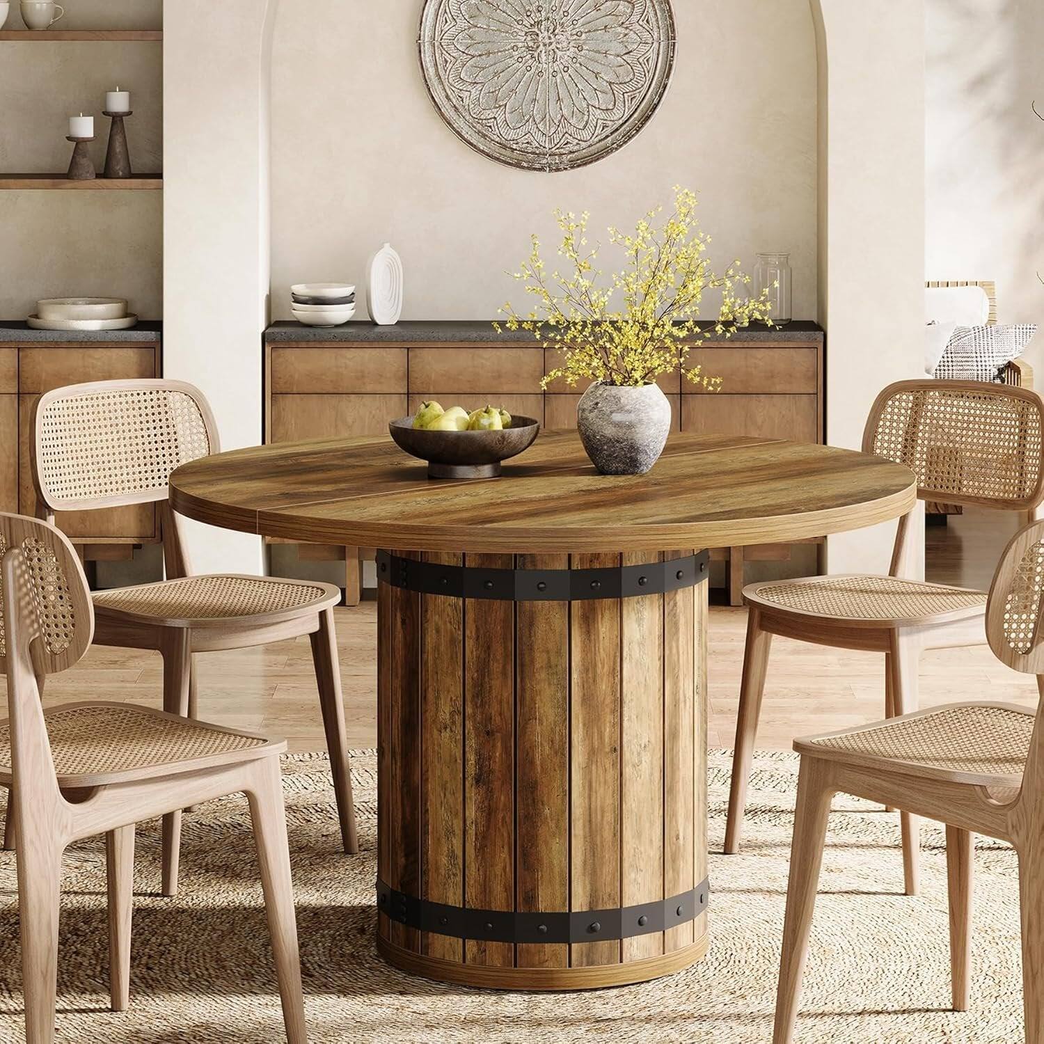 Front. Tribesigns - Dining Table with Engineered Wood Construction, Pedestal Base and Round Top for Dining Room and Kitchen - Brown.