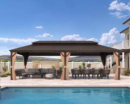 PURPLE LEAF - Outdoor Aluminum Hardtop Gazebo with Metal Double Roof with Netting and Curtains, Khaki Permanent Pavilion - 12' X 26'