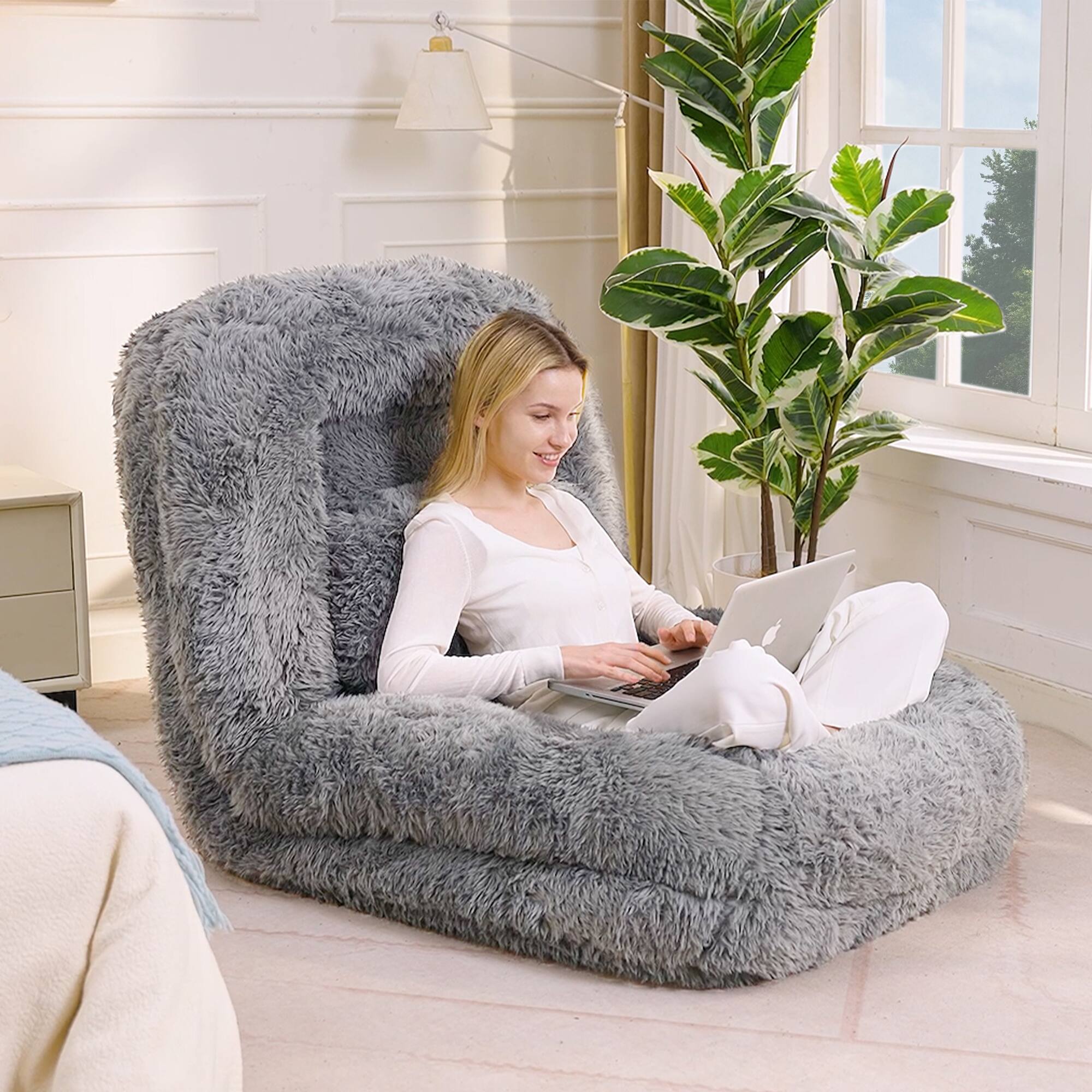 Alt View 7. LOVMOR - 69 Inch Faux Fur Bean Bag Chairs For Living Room Bedroom Office Plush Cozy Ultra Indoor Lounge Seating Comfort - Light Gray.