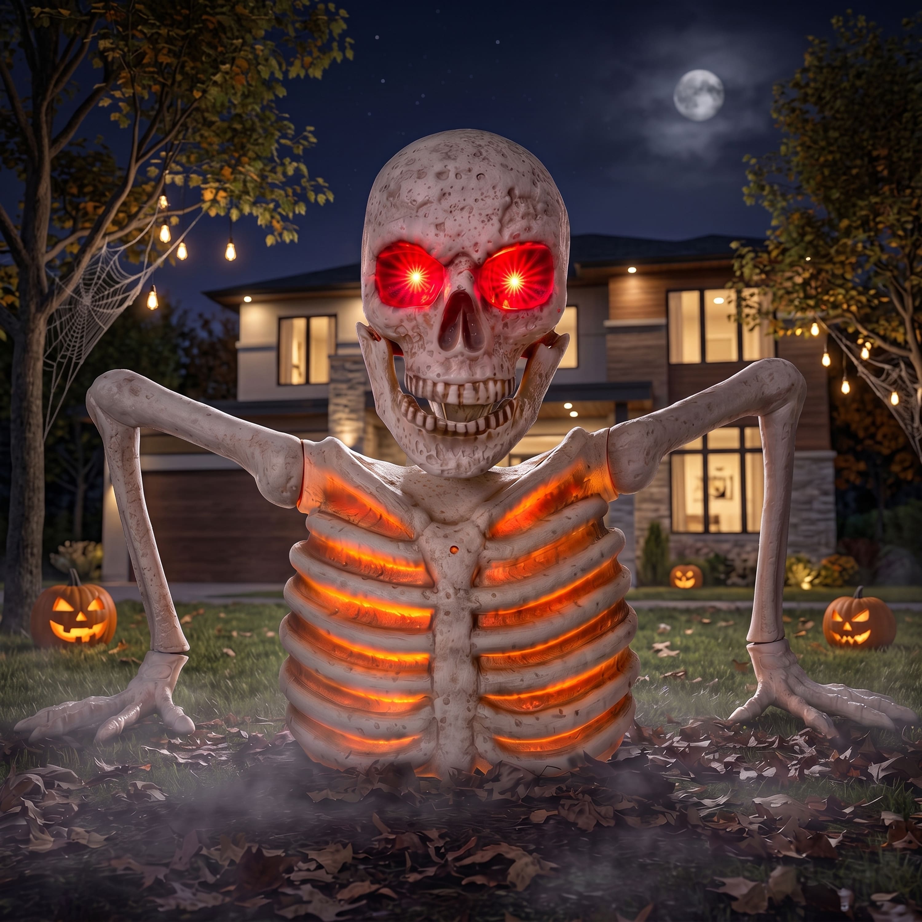 Joyfy - 39.6'' Halloween Animatronics Decorations, Giant Groundbreaker Skeleton Props with IR Sensor & Timer for Outdoor Decor - White