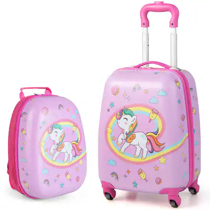 Front. Costway - 2PC Kids Carry On Luggage Set 12" Backpack and 16" Rolling Suitcase for Travel - Pink.