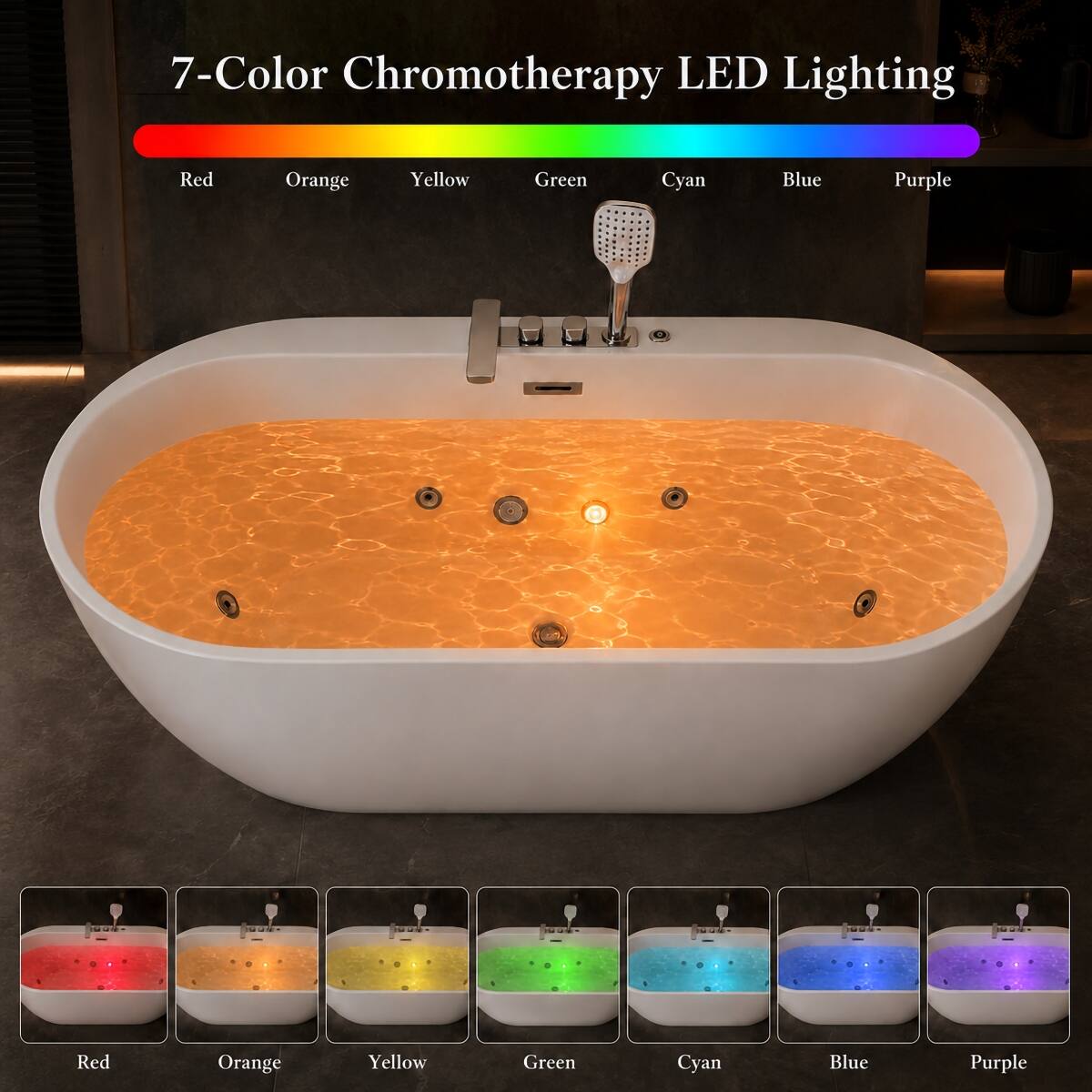 7-Color Chromotherapy LED Lighting

Red
Orange
Yellow
Green
Cyan
Blue
Purple