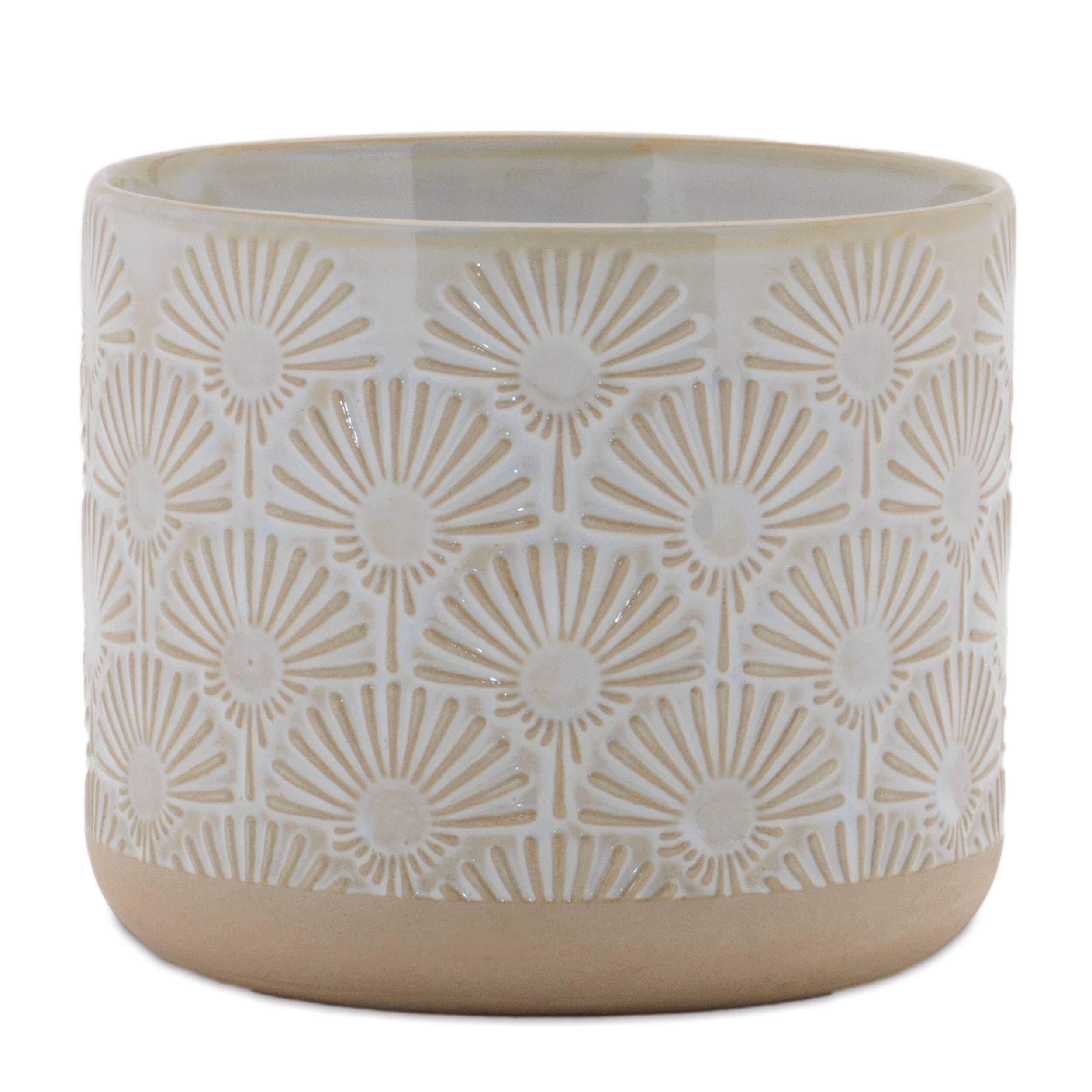 Back. BreeBe - Porcelain Geometric Patterned Planter (Set of 2) - Beige.