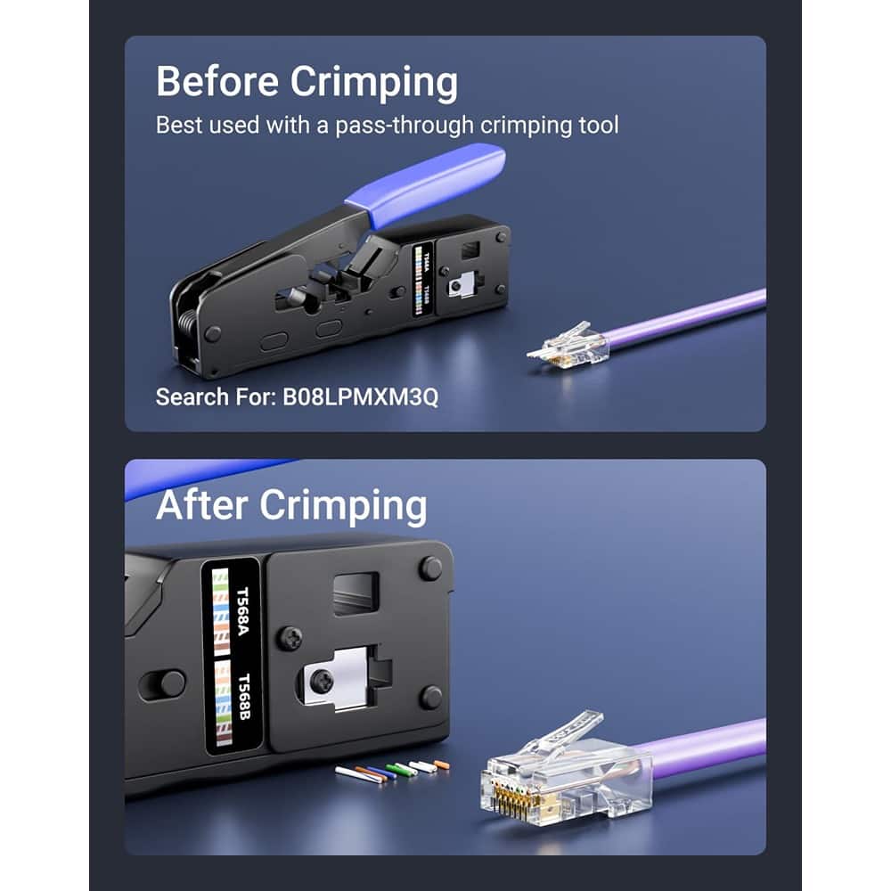 ACJPR - 100-Pack Cat5e RJ45 Pass-Through Connectors with Extended Guide Rails for Easy Cable Insertion, Solid or Stranded UTP