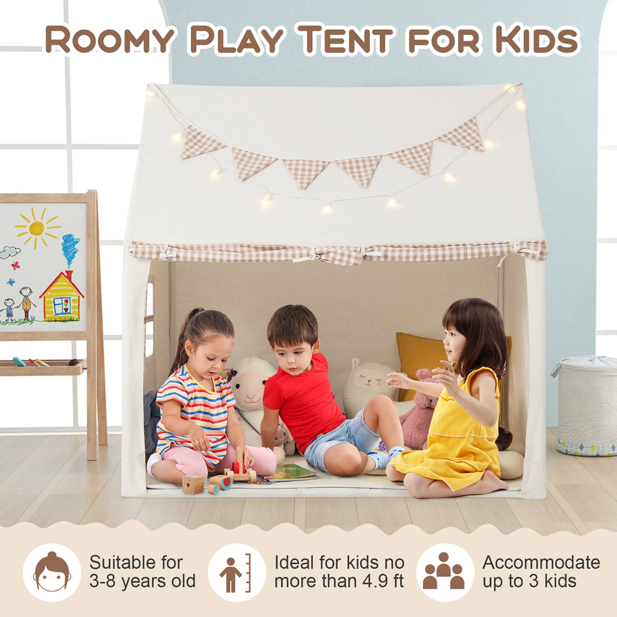 ROOMY PLAY TENT FOR KIDS
Suitable for 3-8 years old
Ideal for kids no more than 4.9 ft
Accommodate up to 3 kids