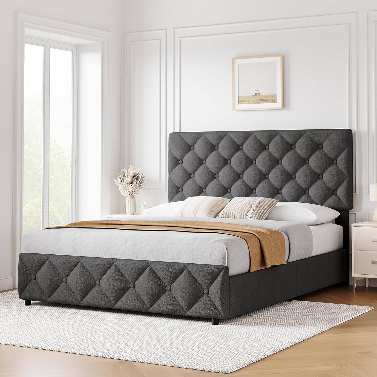 Alt View 5. Qeetex - Full Size Bed Frame with 4 Storage Drawers and Adjustable Headboard  Upholstered Platform Bed Frame with Storage  Diamon - As Shown.