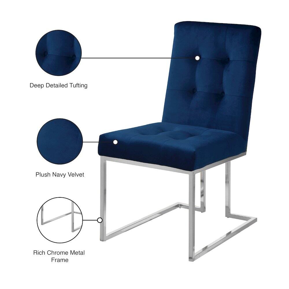 Deep Detailed Tufting  
Plush Navy Velvet  
Rich Chrome Metal Frame