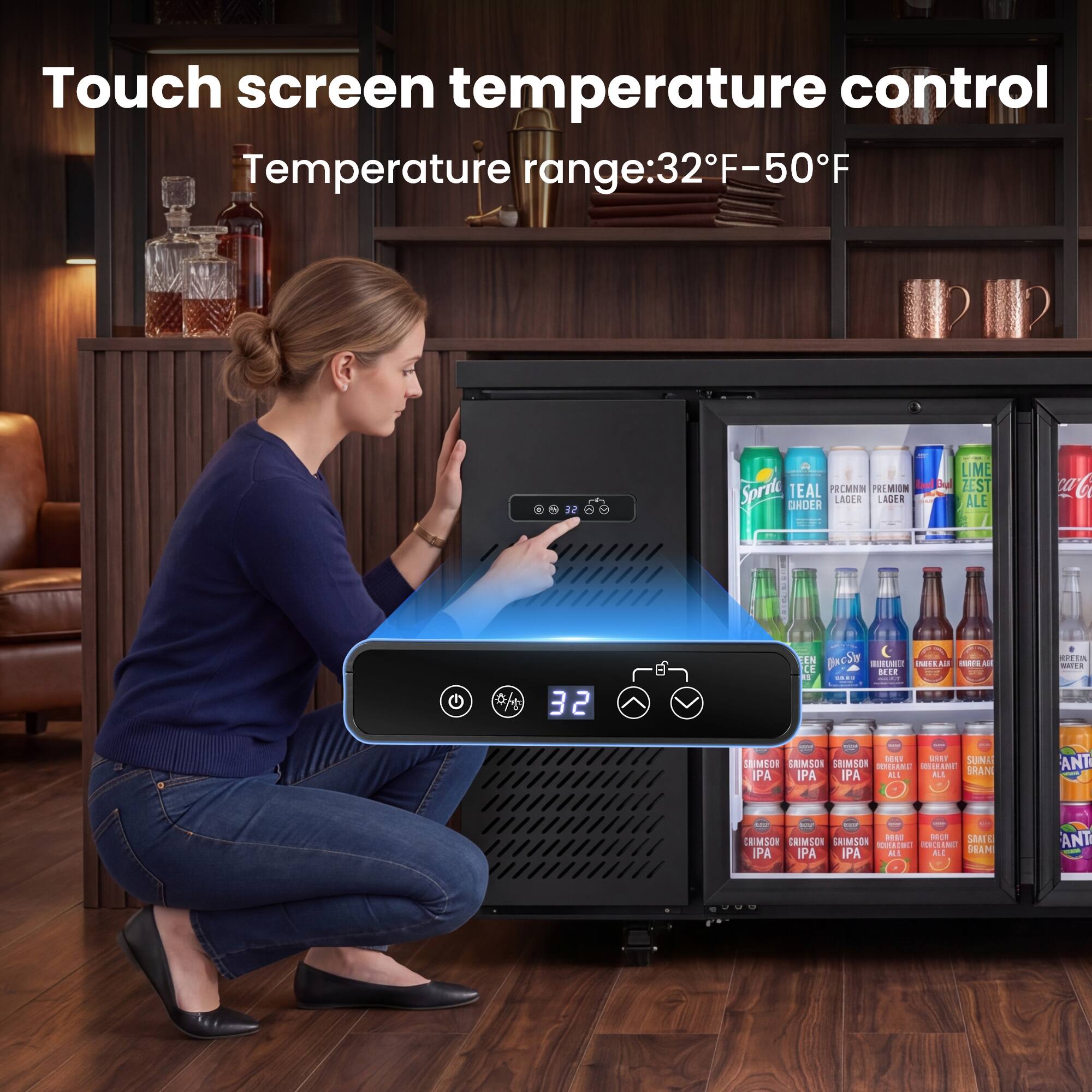 Touch screen temperature control  
Temperature range: 32°F - 50°F  

TEAL REMNI PELMION  
Sprit ORDER LAGER  
LADAR LIME D ZEST ALE  

caC 0 32 EN BacSly - Al  

... d CE NEE : Pin L.  
S1 SUIN ME ERIMISON  
CRUMSON RILAN A IPA ALI ALL BRAN IPA IPA ANT - s0 dage  
SABIL CEMSON CRIMICON CHIMSEN C N PA IPA ALl NL RAM IPA ANT