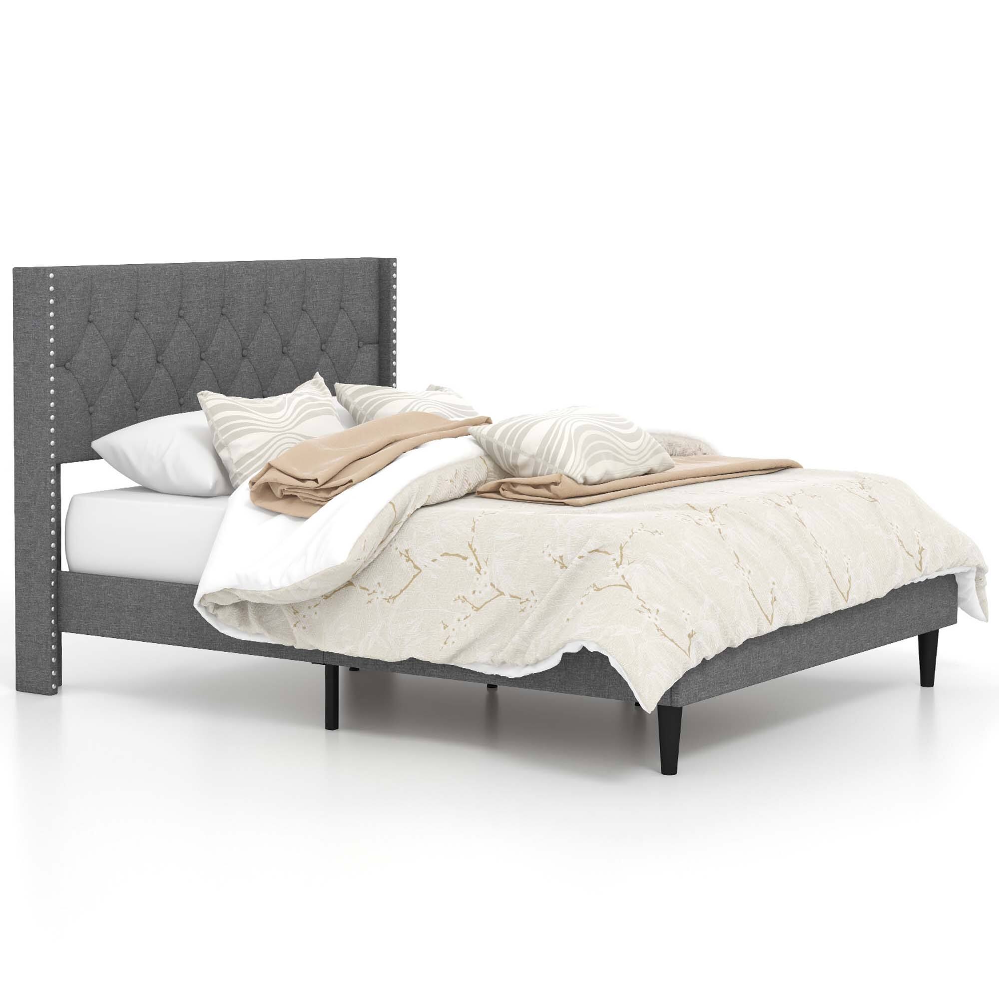 Alt View 9. Costway - Costway Queen Size Upholstered Platform Bed Button Tufted Headboard Mattress Foundation - Grey.