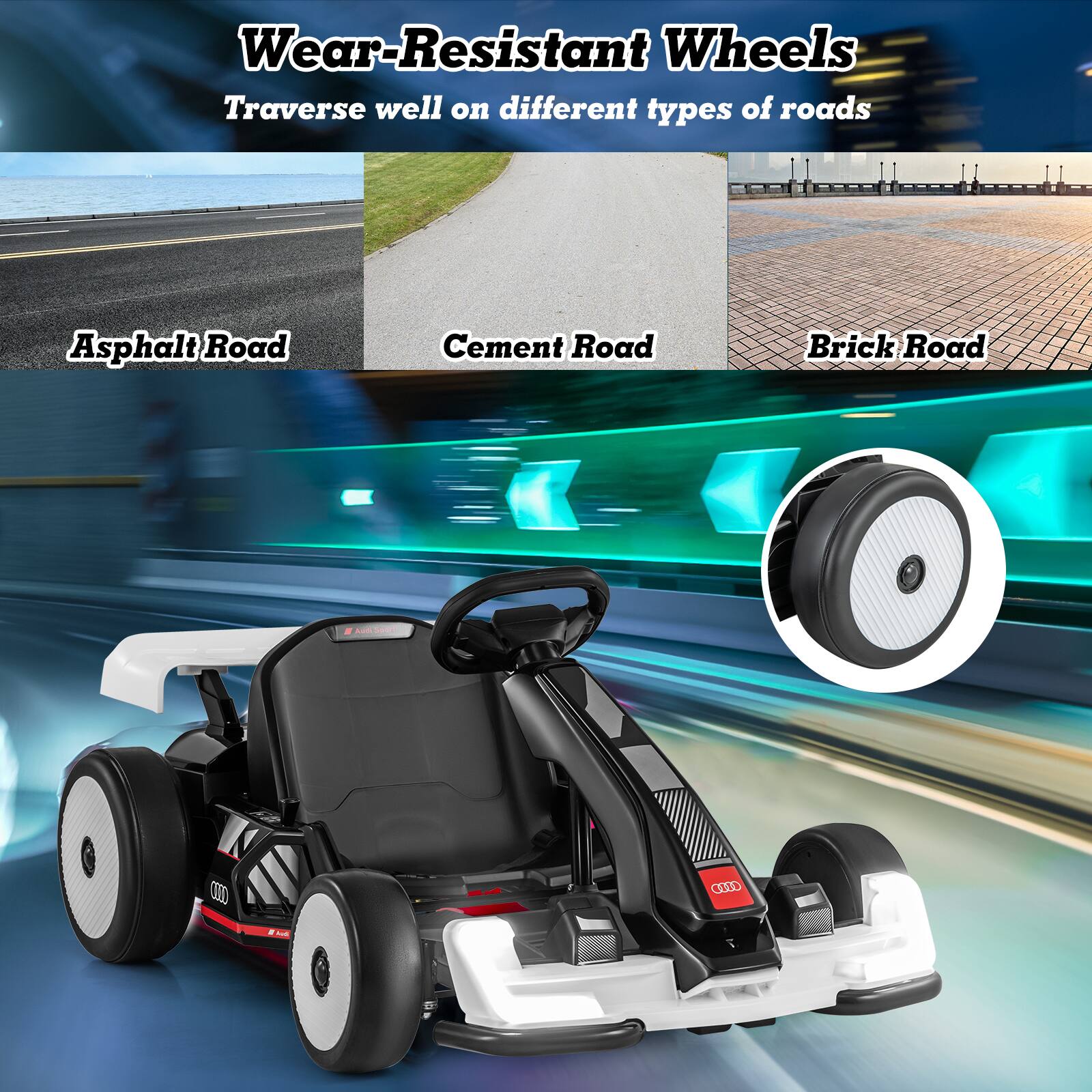 Wear-Resistant Wheels  
Traverse well on different types of roads  

Asphalt Road  
Cement Road  
Brick Road