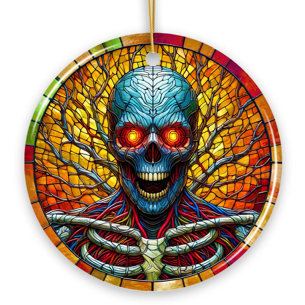 Front. OrnamentallyYou - Red-Eyed Skeleton for Halloween Frights Stained Glass Style Ceramic Ornament Halloween Themed - Multi-colored.
