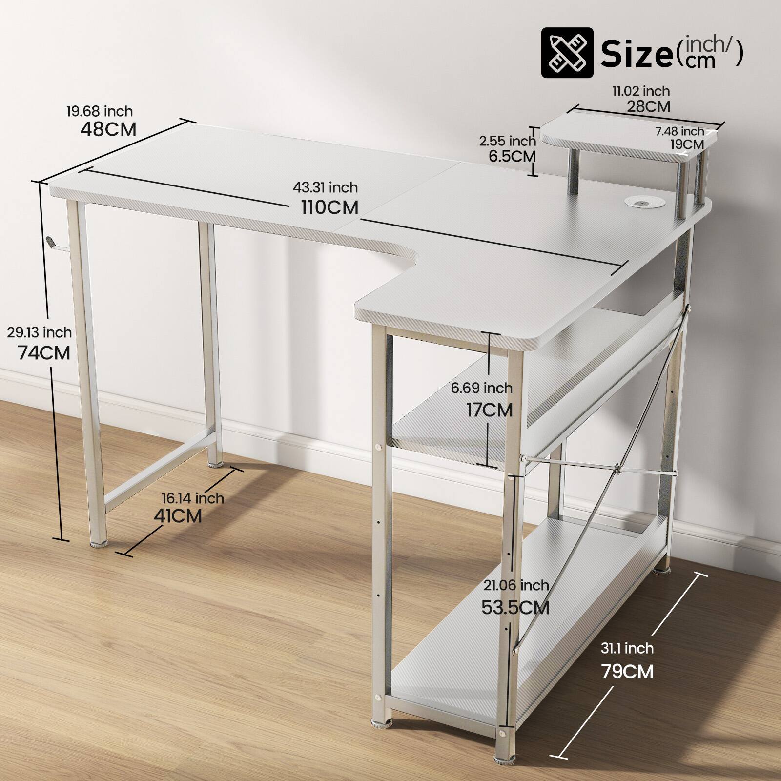 19.68 inch 48CM, 2.55 inch 6.5CM, 11.02 inch 28CM, 7.48 inch 19CM, 43.31 inch 110CM, 29.13 inch 74CM, 6.69 inch 17CM, 16.14 inch 41CM, 21.06 inch 53.5CM, 31.1 inch 79CM