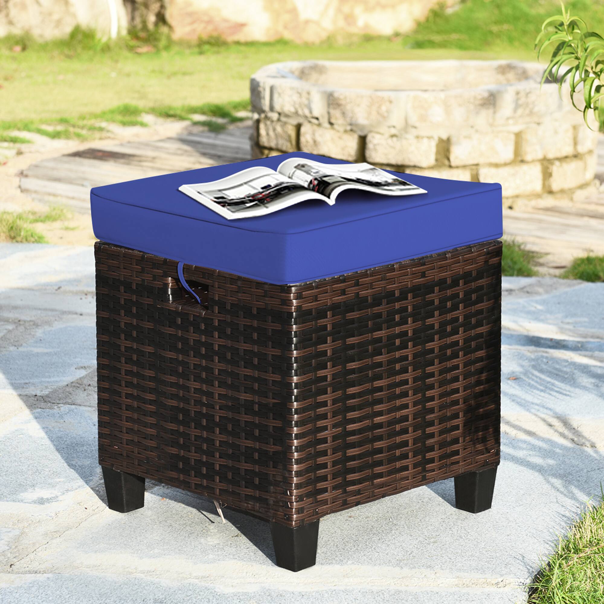 Alt View 4. Gymax - Gymax Set of 2 Patio Rattan Ottoman Footrest Garden Outdoor w/ Navy Cushion - as pic.