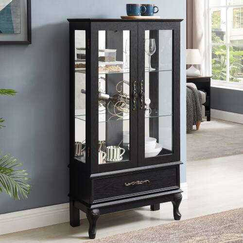 Angle. LUCKY ONE - 25.98in Freestanding Lighted Curio Cabinet with Drawer and Adjustable Shelves for Wine Collectibles - Black.
