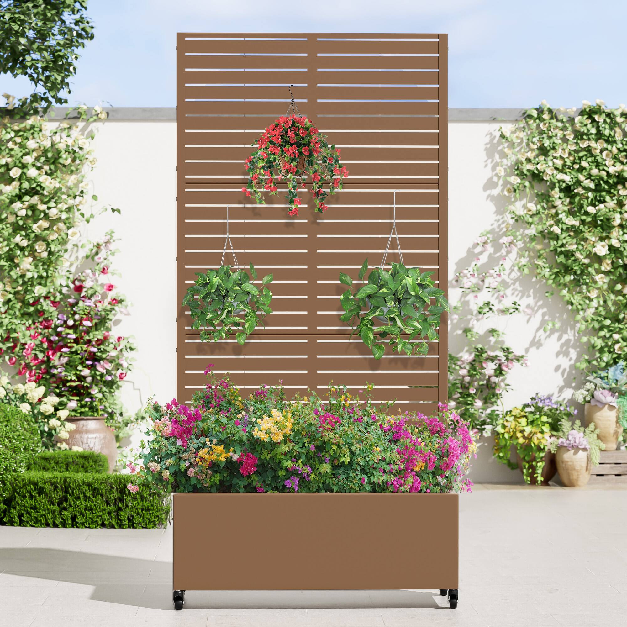 Front. PexFix - 72 in. H x 35 in. W Louvered Pattern Rectangle Metal Planter Box Raised Garden Beds with Trellis-Ideal for Balcony - Brown.
